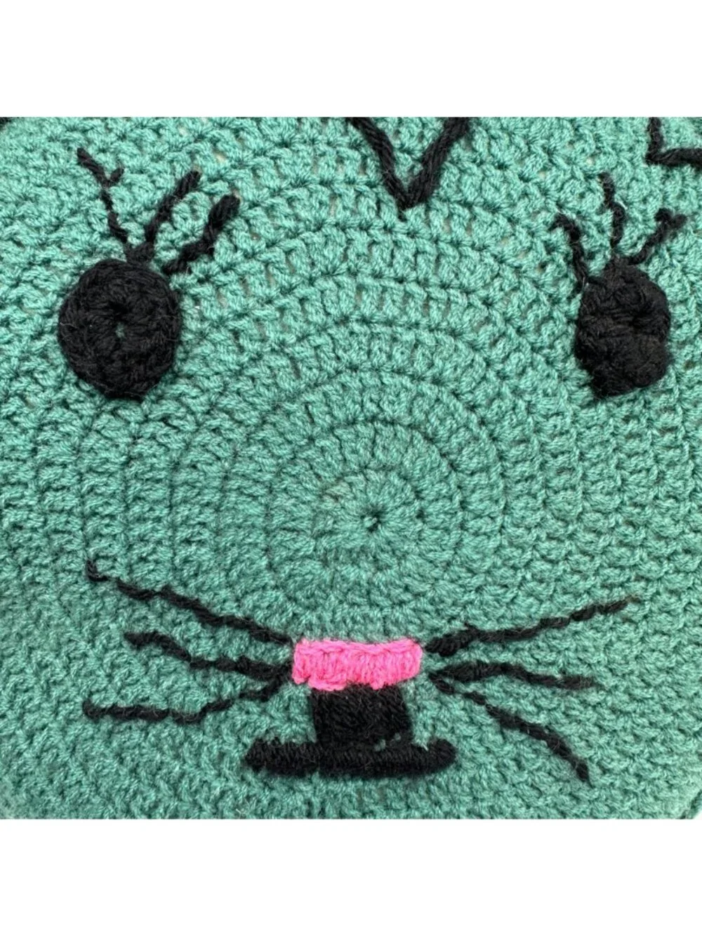Vintage Cat Throw Pillow Crocheted Kitty Green Round Pink Nose Stuffed Handmade